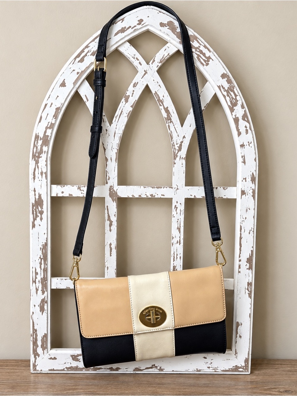 Spartina 449 Colorblock Leather Convertible Crossbody Purse Black Cream Tan